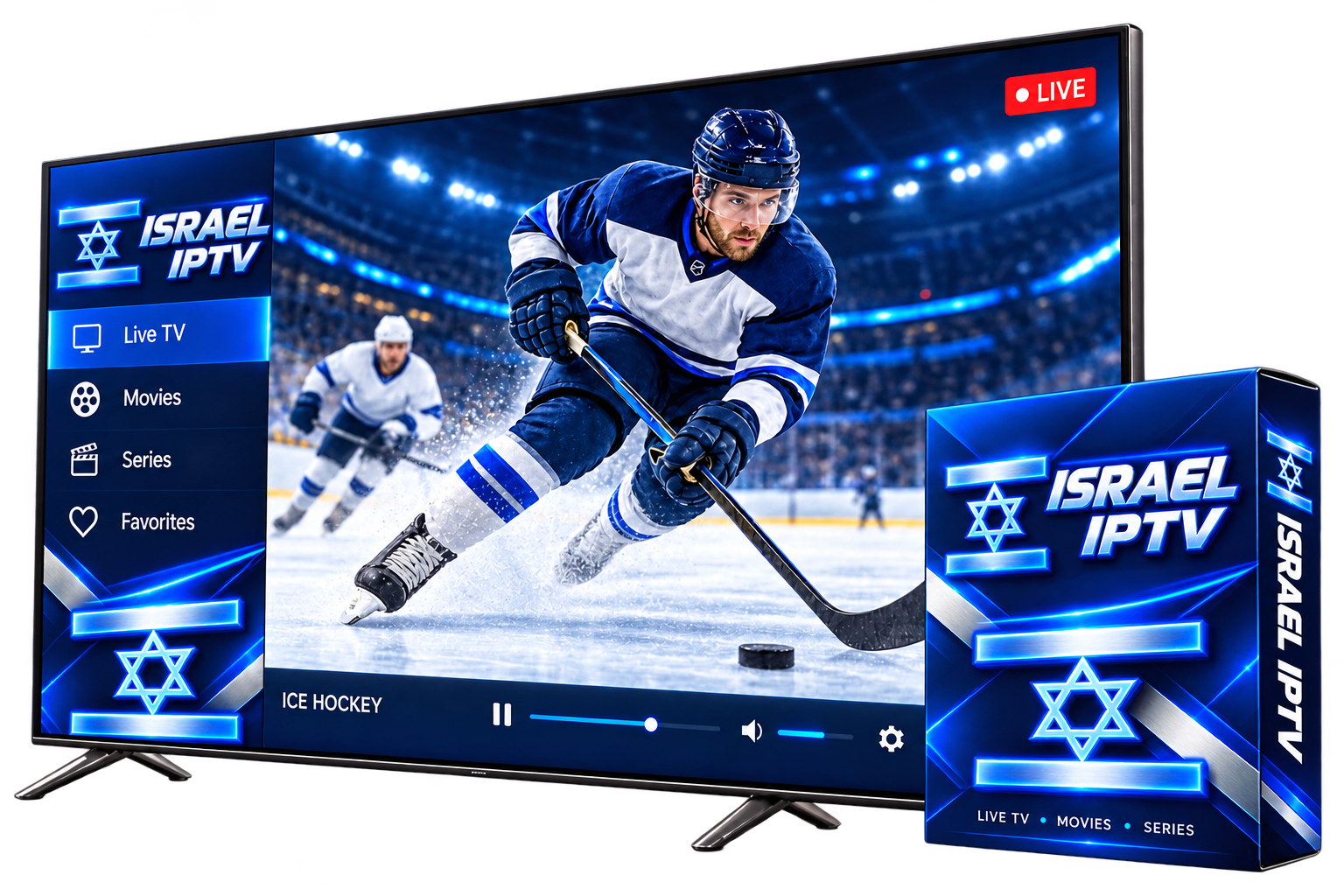 A television showing an ice hockey scene beside Israel IPTV branded packaging.